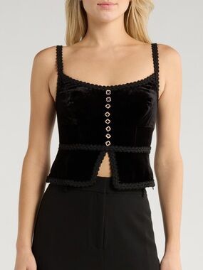 REFORMATION Minna Velvet Top Lace Trim Split Hem Black Button-Front Camisole 4